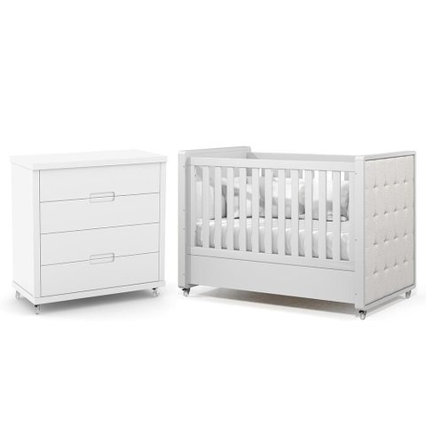 Jogo de Quarto Infantil Tutto New Cômoda 4 Gavetas e Berço Branco Soft com Capitonê - Matic Mó