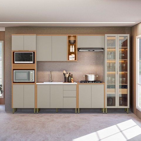 Cozinha Completa Modulada 6 Peças com Torre Quente e Cristaleira Allure Marrom/Jequitibá/Gris Fosco