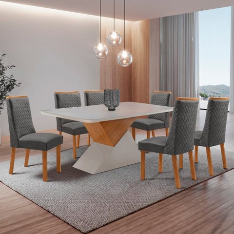 Mesa de Jantar Aster 180cm Tampo MDF Vidro Canto Copo com 6 Cadeiras Carolina