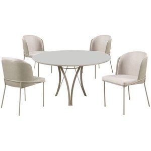 Conjunto Mesa de Jantar Barcelona Off White Base Champanhe 1,20m com 4 Cadeiras Aurora
