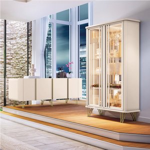 Conjunto Cristaleira Buffet com LED Portas de Vidro Pés Aço Maciço Cor Dourado Texas/Virginia Off Wh
