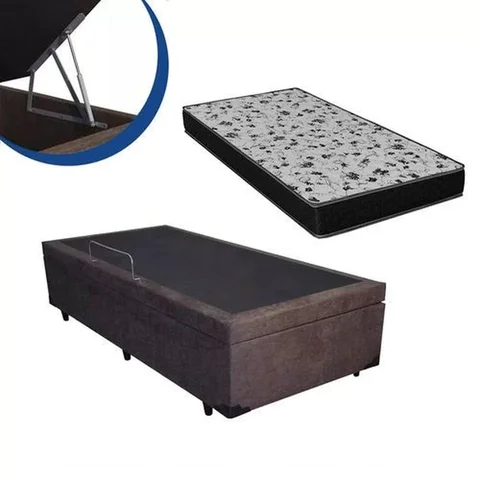 Cama Box Baú Solteiro Conforto Sintético Marrom + Colchão Solteiro Conforto Espuma D33 Com EPS 24x88