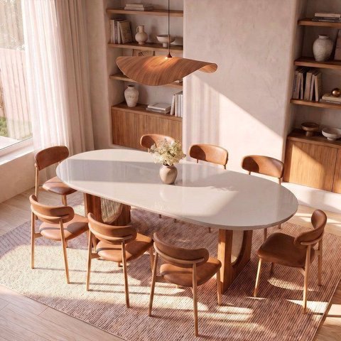 Conjunto de Jantar com Mesa Oval Tali 210cm e 8 Cadeiras Ema CabeCasa MadeiraOriginals Bege/Marrom