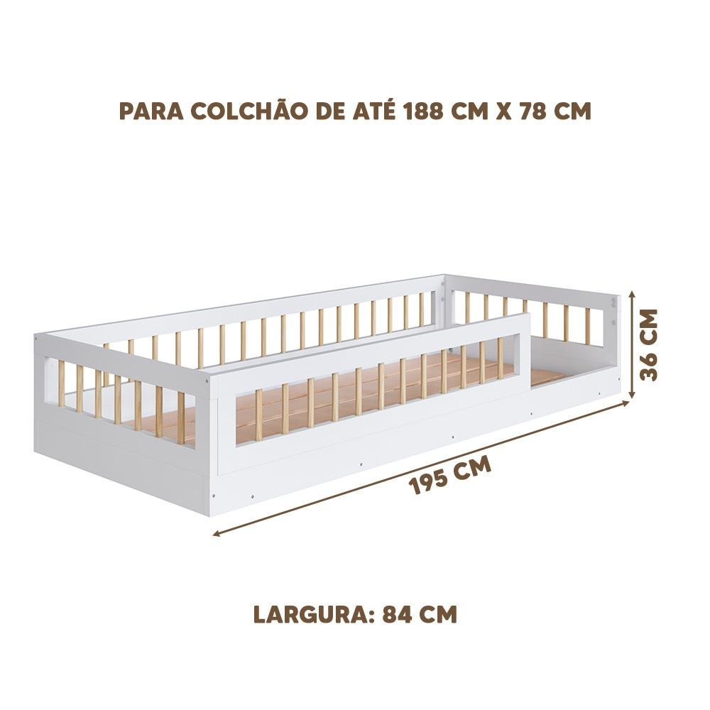 Cama Montessoriana Infantil Solteiro Com Grade De Proteção 84 x 195 cm Branco Suki Shop - 4