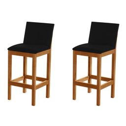 Kit 2 Banquetas Alta Pérola com Encosto Estofada em Veludo Preto Madeira Maciça Castanho - 2