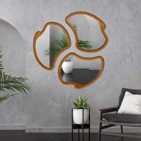 Conjunto 3 Espelhos Orgânicos Moldura em Mdf Miraggio