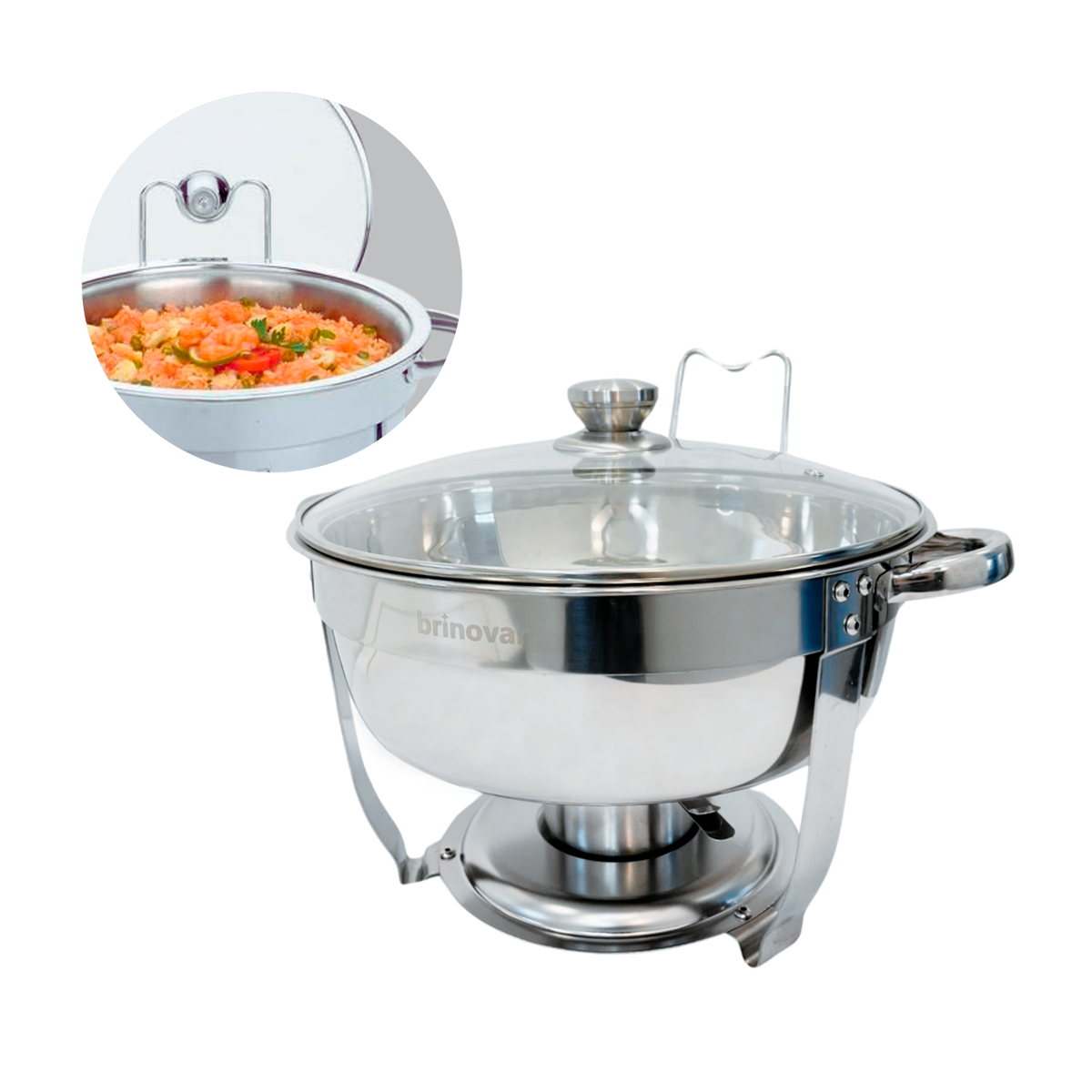 Rechaud Redondo Banho Maria Gourmet Aço Inox 5 Litros com Tampa de Vidro - Brinovar