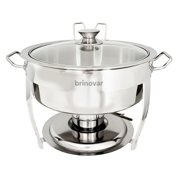 Rechaud Redondo Banho Maria Gourmet Aço Inox 5 Litros com Tampa de Vidro - Brinovar