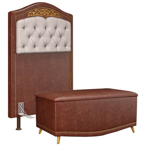 Cabeceira Cama Box Solteiro 90cm Com Calçadeira Baú Imperial J02 Facto Marrom/Bege- Mpozenato