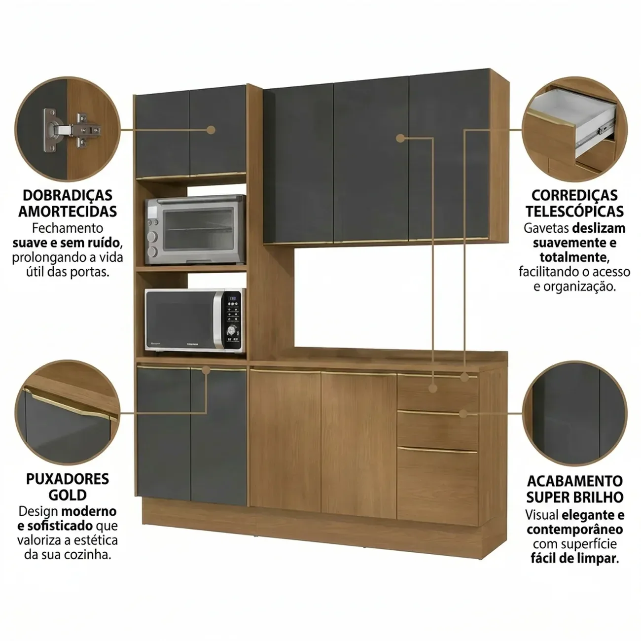 Ver imagem 5 de Cozinha Compacta Modulada 3 Peças com Torre Quente e Balcão com Tampo 230 x 190cm Vibra Canela/Grafite