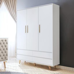 Quarto de Bebê Lorena Guarda Roupa 3 Porta com Gavetas Cômoda Infantil 4 Gavetas Branco Fosco - 5