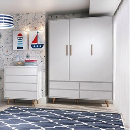 Quarto de Bebê Lorena Guarda Roupa 3 Porta com Gavetas Cômoda Infantil 4 Gavetas Branco Fosco - 1