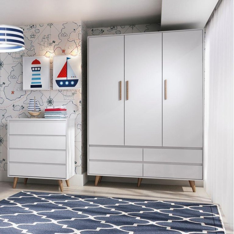 Quarto de Bebê Lorena Guarda Roupa 3 Porta com Gavetas Cômoda Infantil 4 Gavetas Branco Fosco Quarto de Bebê Lorena Guarda Roupa 3 Porta com Gavetas Cômoda Infantil 4 Gavetas Branco Fosco