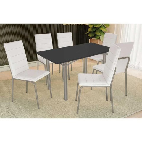 Conjunto: Mesa Sala Jantar Elba Tampo Madeirado C/ Vidro 160cm e 6 Cadeiras Amsterdã Niquel/preto