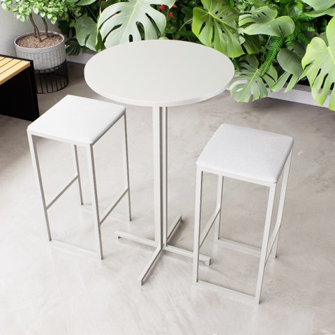 Conjunto Mesa Alta Bar Bistrô Redonda Branca 2 Bancos Estofado Don Castro Decor