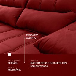 Sofá Retrátil/Reclinável Verona 2,00m Suede Velut Vermelho c/ Molas no Assento - King House - 7