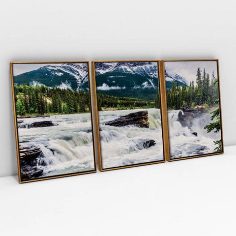 Kit Quadro Decorativo 3 Telas Canvas a Cachoeira Tacolado Moldura Flutuante 4,5cm Freijó 80 X 120cm