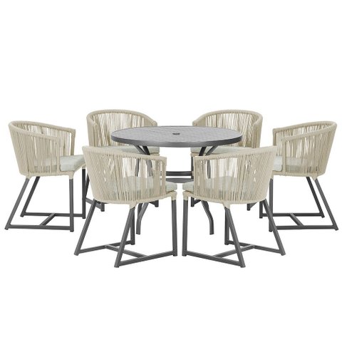 Mesa com 6 Cadeiras de Jantar Roma 120cm e Noronha em Alumínio Preto Corda Náutica Estofado 3 Trama