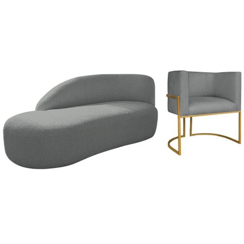 Kit Divã Luna 140cm Lado Esquerdo e 01 Poltrona Base de Ferro Dourado Suede Cor Cinza