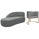 Ver imagem 1 de Kit Divã Luna 140cm Lado Esquerdo e 01 Poltrona Base de Ferro Dourado Suede Cor Cinza