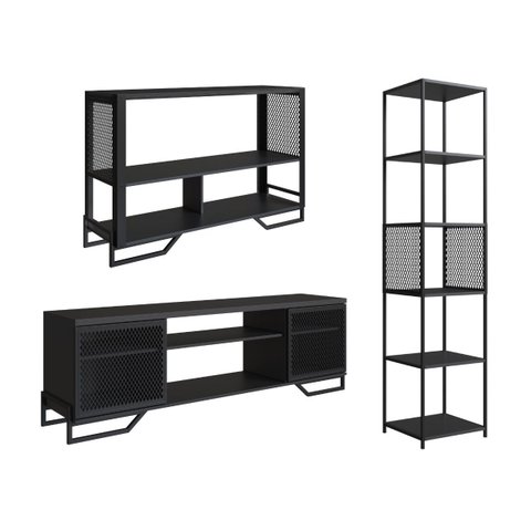 Conjunto Sala Industrial Rack, Aparador e Estante Preto P1027 P1023 P1021