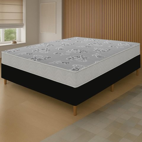 Cama Box Preta + Colchão Casal Andes Liso Branco Espuma D20 138x188x51cm