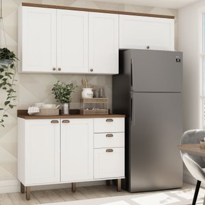 Cozinha Compacta com Tampo 6 Portas 3 Gavetas Iluminata 