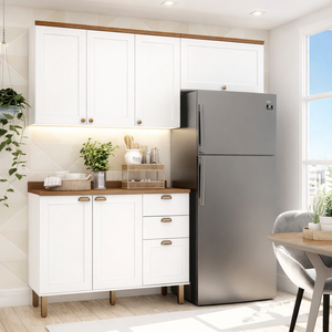 Cozinha Compacta com Tampo 6 Portas 3 Gavetas Iluminata