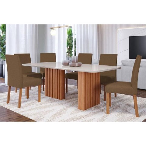 Conjunto: Mesa de Cozinha Ester C/ Tampo Madeirado C/ Vidro 180x90cm e 6 Cadeiras Maia Nature/suede