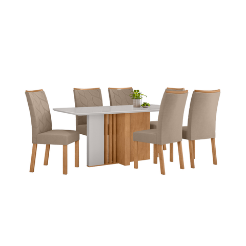 Conjunto Sala de Jantar Mesa Astrid 160 Tampo Vidro Off White com 6 Cadeiras Rayla - Lopas Amendoa C