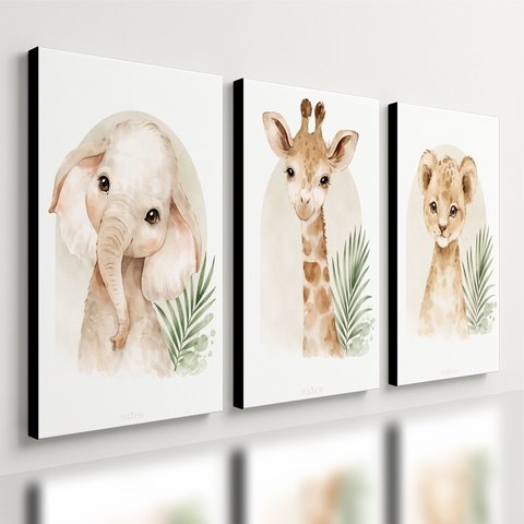 Kit 3 Quadro Decorativo Safari Infantil Animais Criança Leão Qualidade Premium Moderno 28x20cm