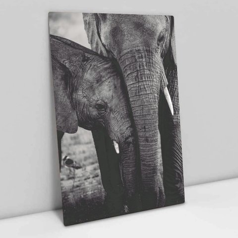 Quadro Decorativo em Canvas Família Elefante - Moldura Madeira - 120 x 80cm