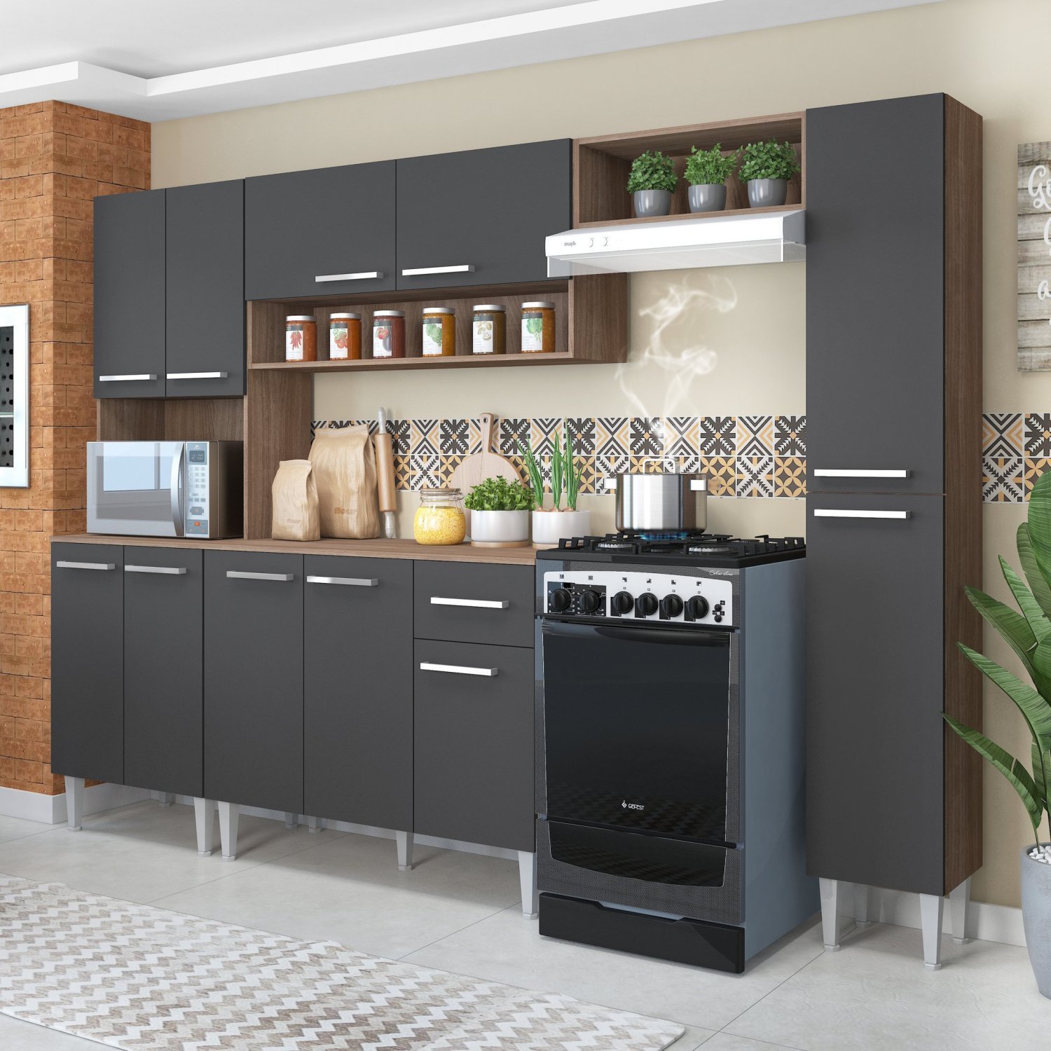 Cozinha Modulada 4 Peças Paneleiro Balcão com Tampo Armário Aéreo Madri ...