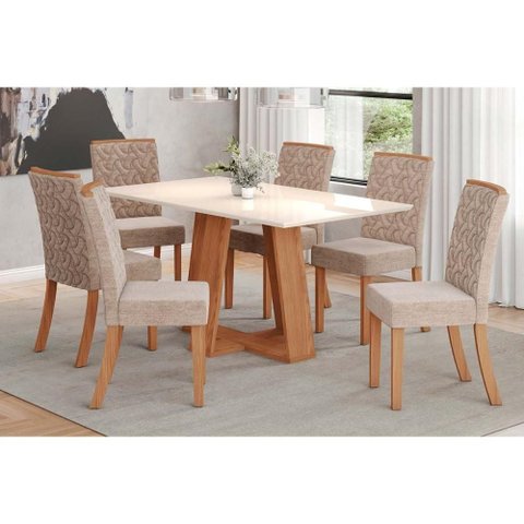 Conjunto: Mesa de Cozinha Lins C/ Tampo Madeirado Reto 160x90cm e 6 Cadeiras Esther Nature/linho