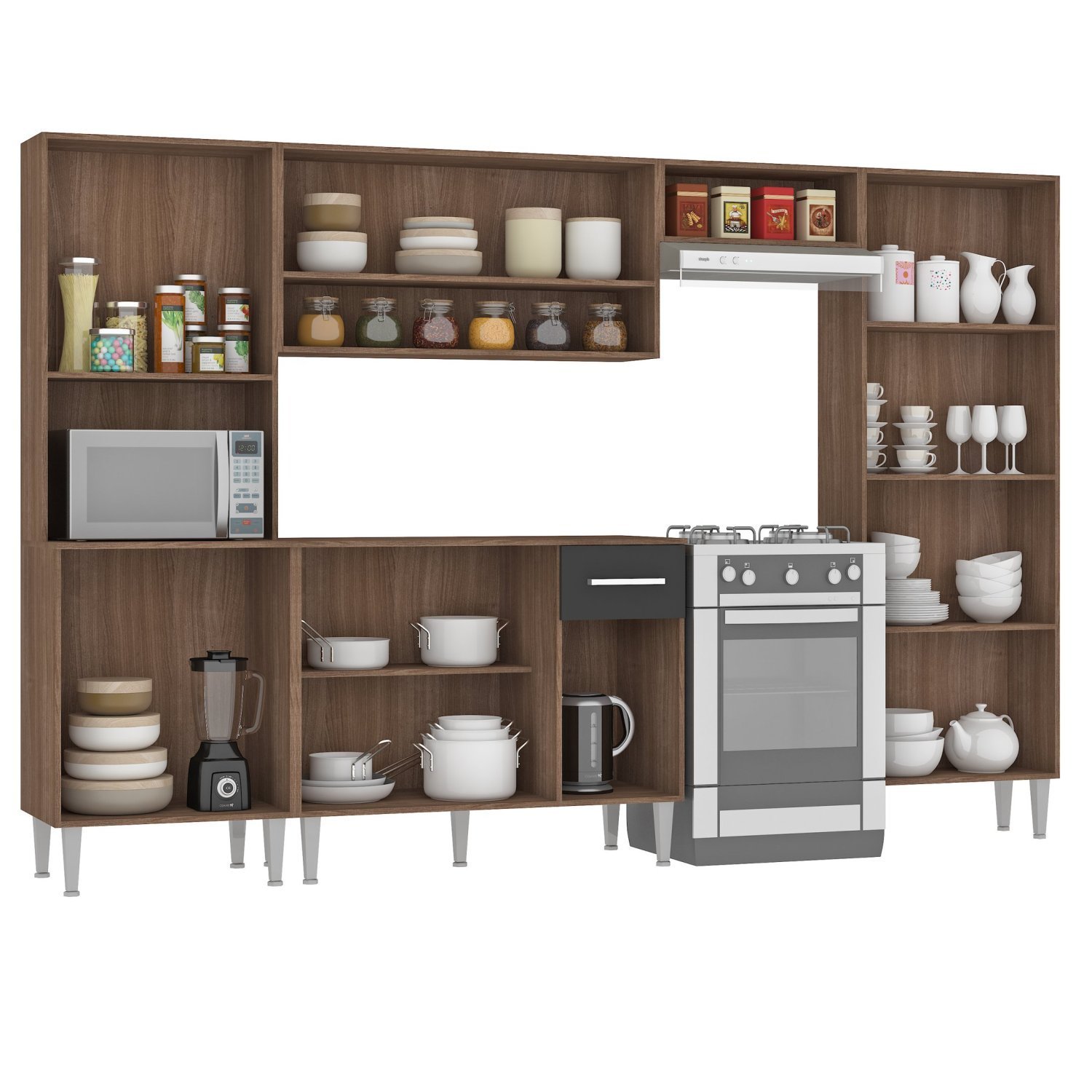 Cozinha Modulada 4 Peças Paneleiro Balcão com Tampo Armário Aéreo Madri ...