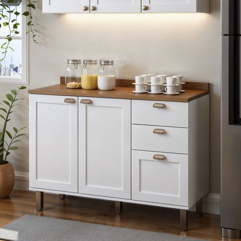 Balcão para Cozinha 2 Portas 3 Gavetas Provençais com Tampo Iluminata Branco/Fosco/Ébano