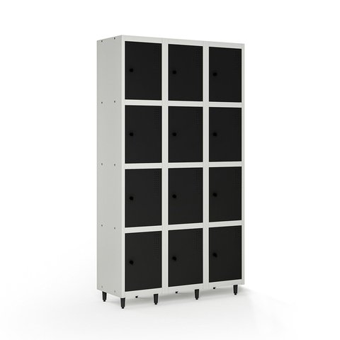 Armário Roupeiro Locker Guarda-Volume de Aço 12 Portas Pequenas com Fecho para Cadeado Vestiário Academia Preto/Cinza