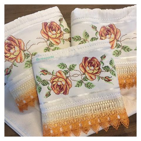 Jogo de Toalha Ponto Cruz - Bordado Laranja