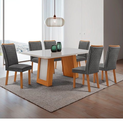 Mesa de Jantar Carolina 180cm Tampo MDF Vidro Canto Copo com 6 Cadeiras Lisa
