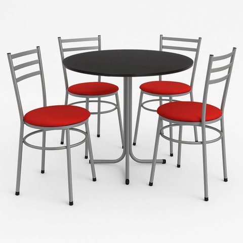 Mesa de Jantar Redonda 80cm Preta com 4 Cadeiras Estofada Cinza