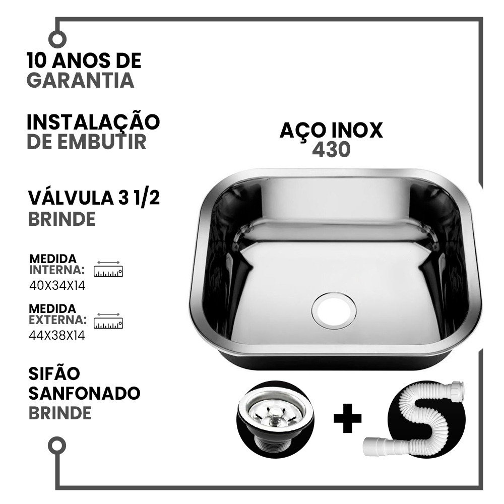 Cuba Inox Pia Cozinha 430 40x34x14 + Válvula – American Steel - 2