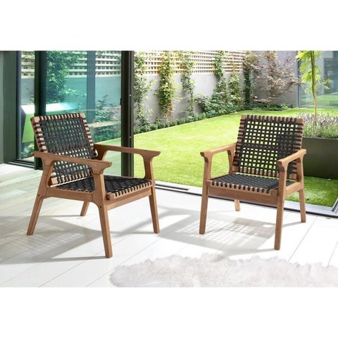 Conjunto 2 Poltronas Fixa de Madeira e Corda Náutica Traço Marrom/Preta