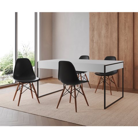 Mesa Jantar Industrial Retangular Filadélfia Branca 137x90cm Base Ferro Preto com 4 Cadeiras Pretas