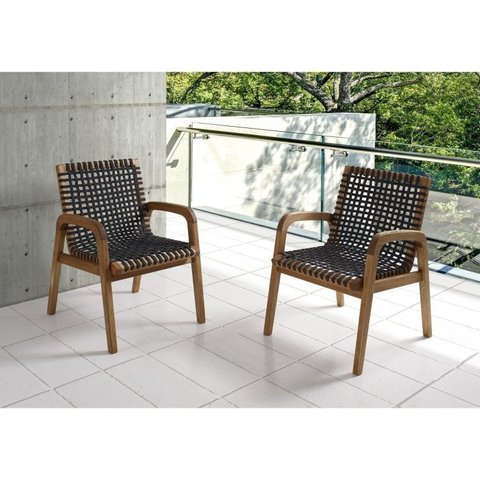 Conjunto 2 Cadeiras para Jardim em Madeira e Corda Náutica com Braço Traço Marrom/Preta