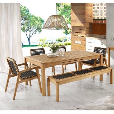 Conjunto de Jantar para Jardim 1 Mesa 4 Cadeiras 1 Banco com Corda Náutica Traço 