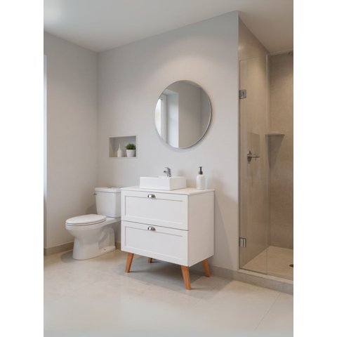 Gabinete para Banheiro com Tampo Cuba e Espelho Redondo 80cm Retro Mdf Branco Milano - On Móveis