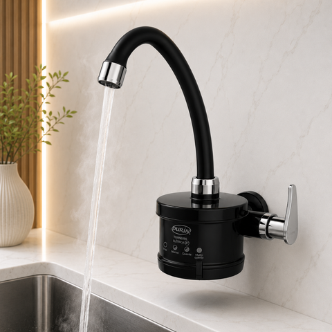 Torneira Elétrica Plus para Cozinha Parede Bica Alta 4 Tempos Preto e Cromado 4800W / 127V Durín
