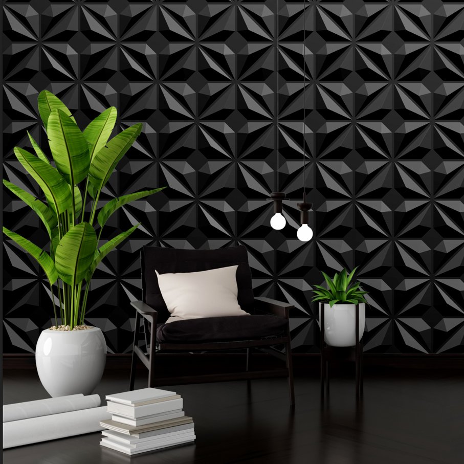 KIT 36 Placas 3D PVC Preto Decoração Revestimento de Parede e Teto (9m²) - GEOMETRIC