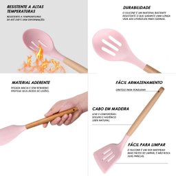 Kit 12 Peças Utensílios Silicone Rosa Concha Colher Madeira - 3