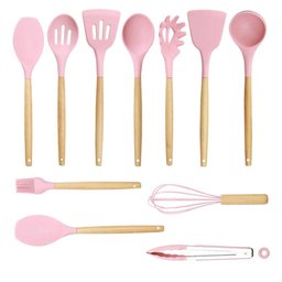Kit 12 Peças Utensílios Silicone Rosa Concha Colher Madeira - 4